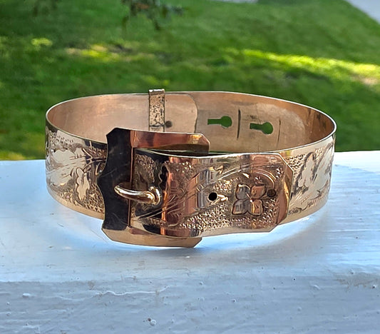 Antique Victorian Gold Filled Etched Floral Buckle Bangle Bracelet
