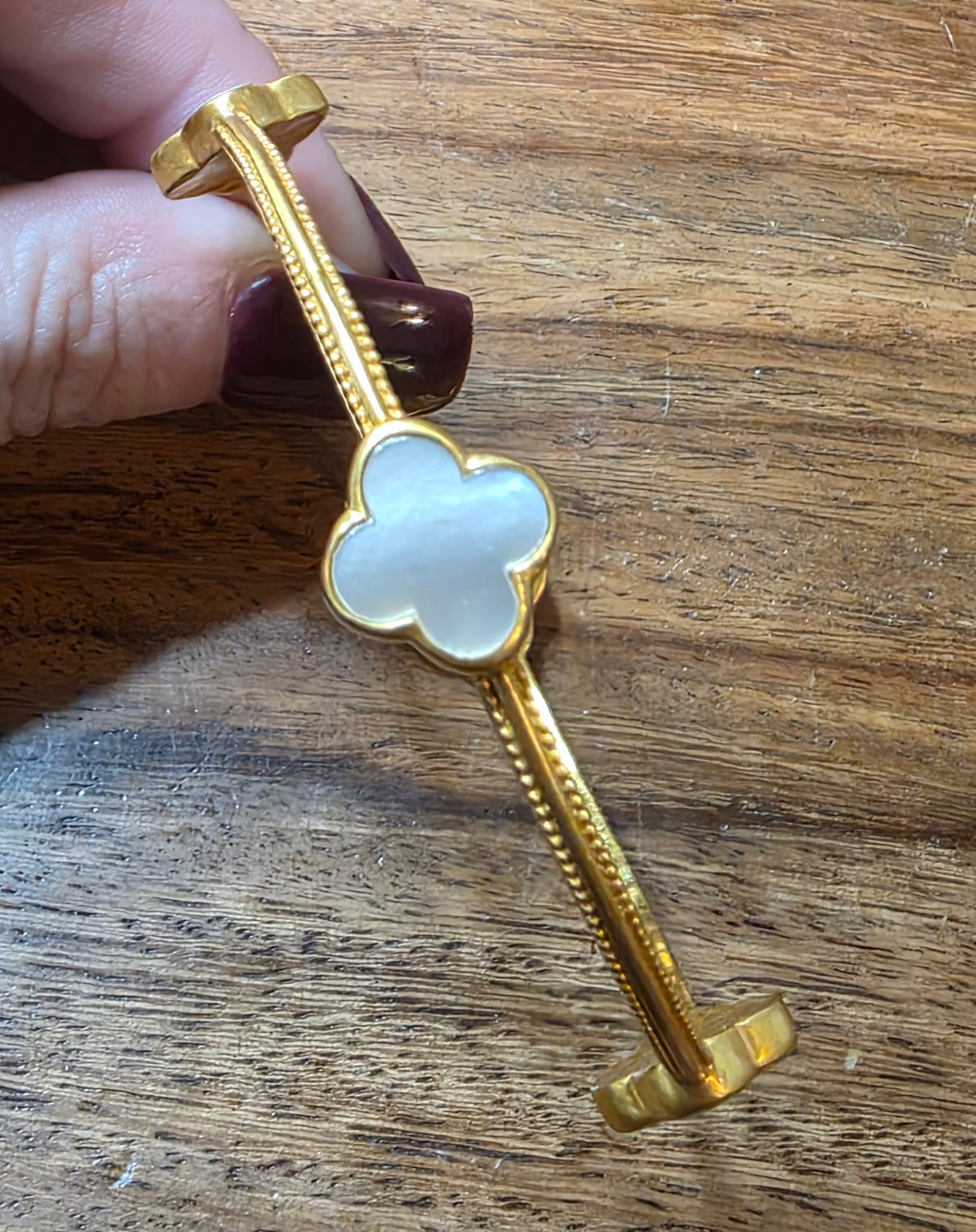 Julie Vos Chloe Bangle Mother of Pearl 24k Gold Plated Clover Bracelet