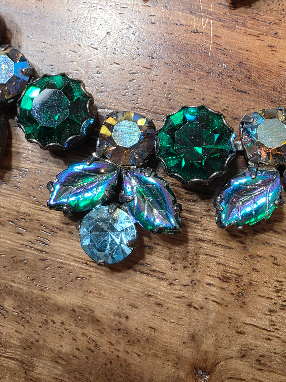 Vintage REGENCY Signed Green Molded Glass Leaf Rhinestone Necklace Bracelet Earring