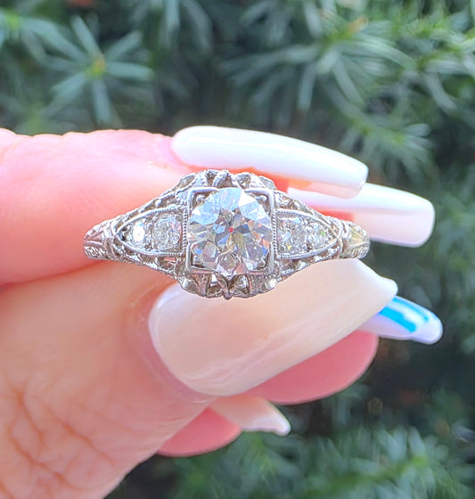Art Deco Platinum Diamond Filigree Ring, .76ctw