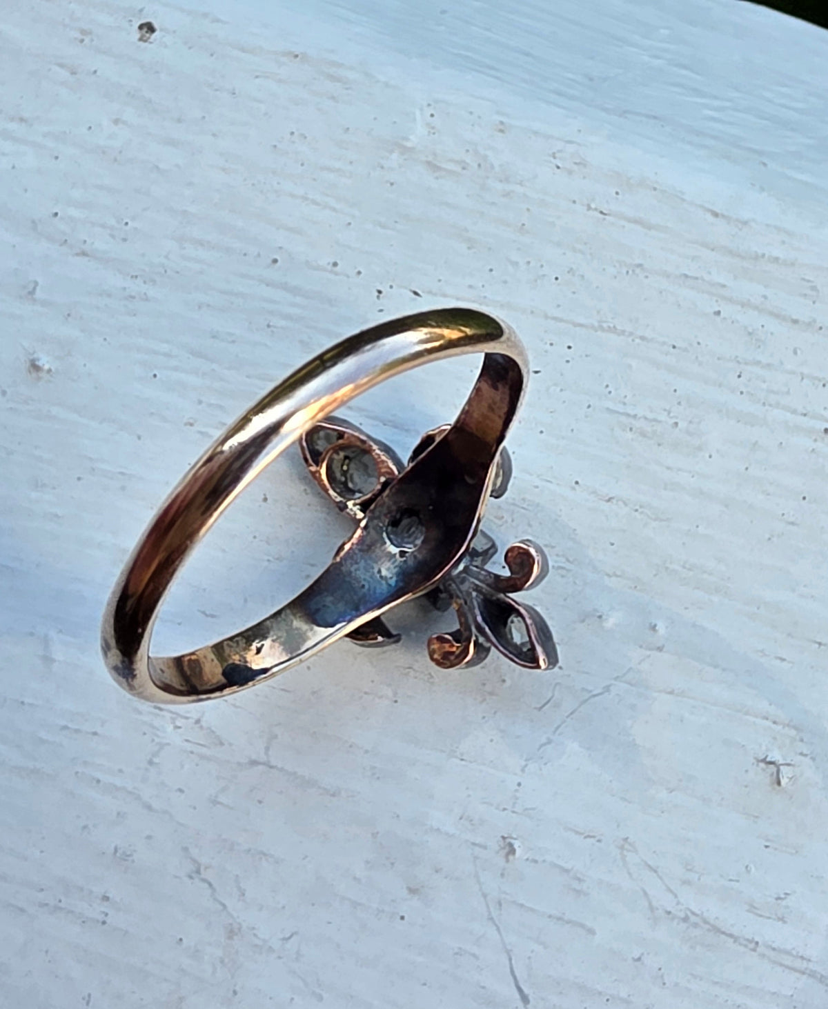 Antique 14K Gold & Silver Fleur-de-Lis Ring with Rose Cut Diamonds, Size 7