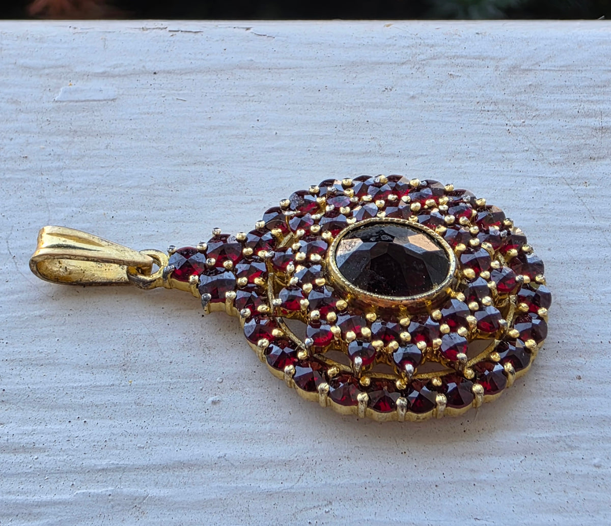 Vintage Bohemian Garnet Cluster Pendant, 900 Silver Gold Vermeil, Czech Pyrope