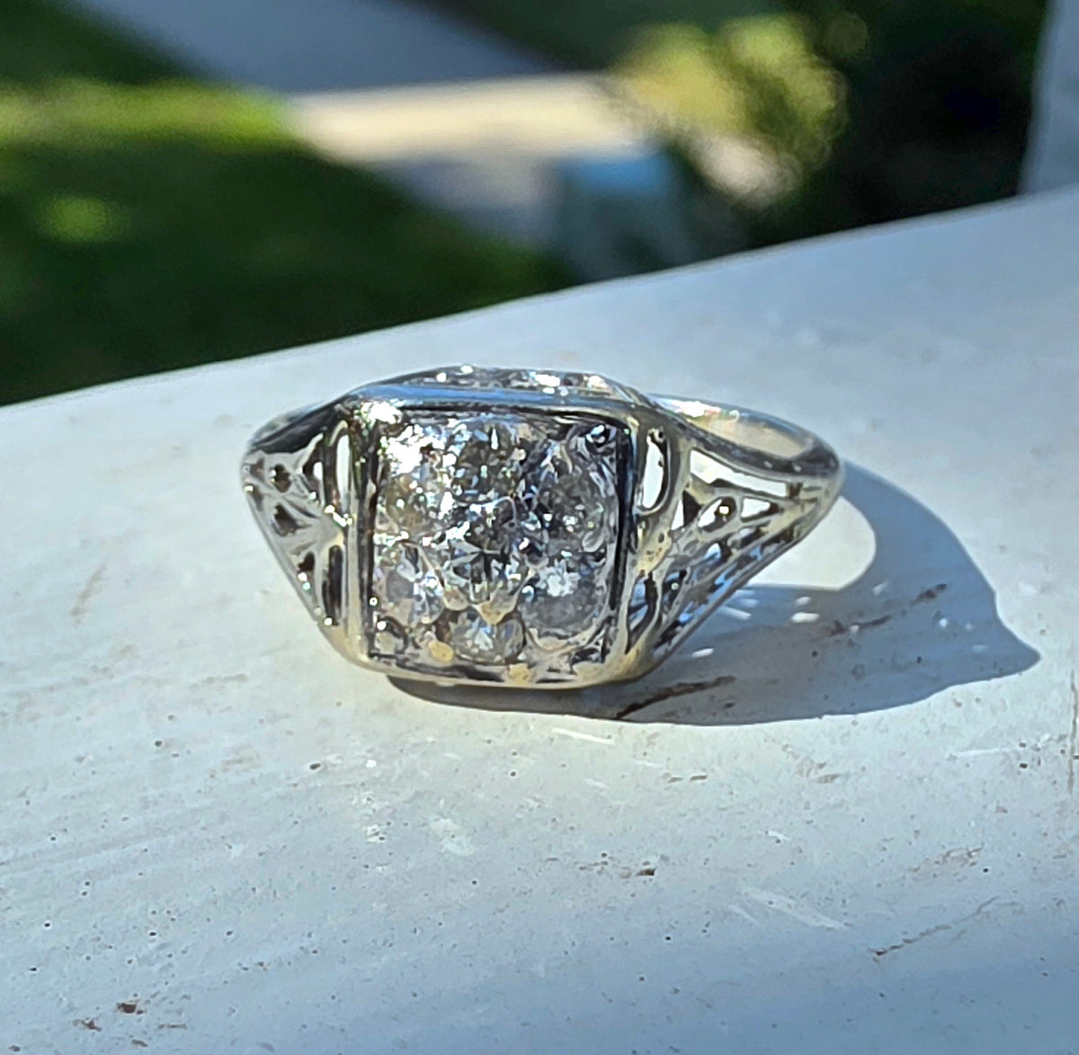 Art Deco 18k White Gold Ornate Filigree Mine Cut Diamond Cluster Ring
