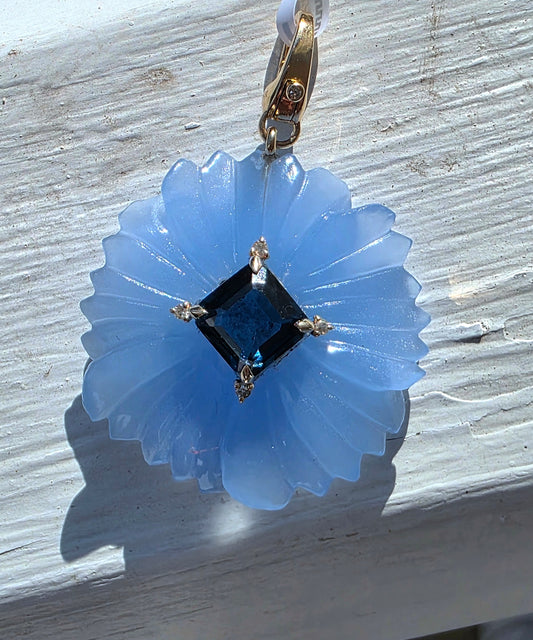 Chalcedony & London Blue Topaz Carved Flower Pendant