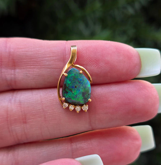 Fiery 18k Gold Black Opal & Diamond Pendant