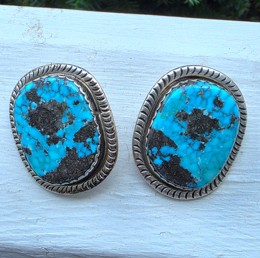 Vintage Navajo "JR" Sterling Silver Morenci Turquoise Clip Earrings