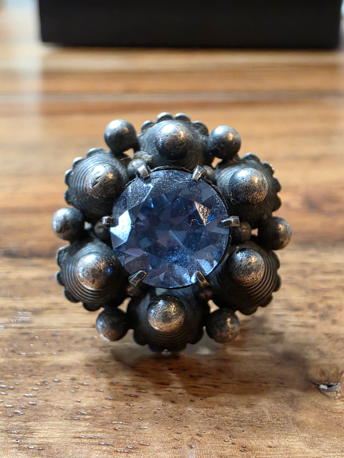 Vintage 925 Sterling Blue Topaz Flower Dome Cocktail Ring Tribal Modernist