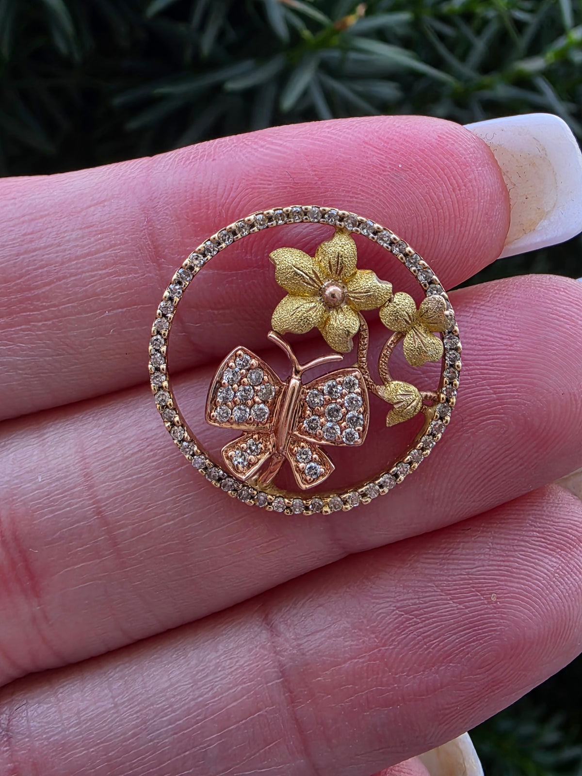 14k Multicolor Gold & Diamond Floral Butterfly Disc Pendant